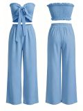Women Casual Holidays Multi-Way Ruffle Edge Pleated Strapless Top and Wide-Leg Pants Two-Piece Set