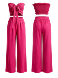 Women Casual Holidays Multi-Way Ruffle Edge Pleated Strapless Top and Wide-Leg Pants Two-Piece Set