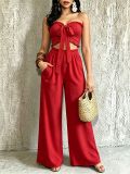 Women Casual Holidays Multi-Way Ruffle Edge Pleated Strapless Top and Wide-Leg Pants Two-Piece Set