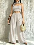 Women Casual Holidays Multi-Way Ruffle Edge Pleated Strapless Top and Wide-Leg Pants Two-Piece Set