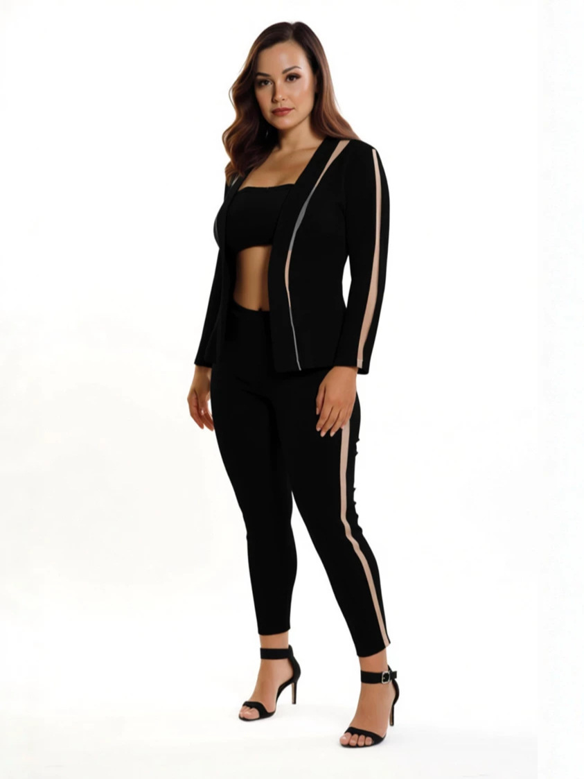 Mesh Patchwork See-Through Blazer & Pants Two-Piece Set