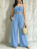 Women Casual Holidays Multi-Way Ruffle Edge Pleated Strapless Top and Wide-Leg Pants Two-Piece Set