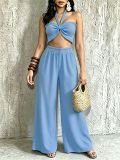 Women Casual Holidays Multi-Way Ruffle Edge Pleated Strapless Top and Wide-Leg Pants Two-Piece Set