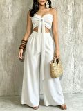 Women Casual Holidays Multi-Way Ruffle Edge Pleated Strapless Top and Wide-Leg Pants Two-Piece Set