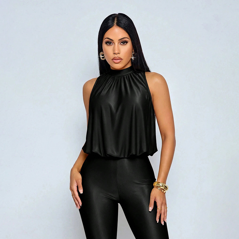 Solid Button-Down Sleeveless Grunge Capri Jumpsuit for Autumn