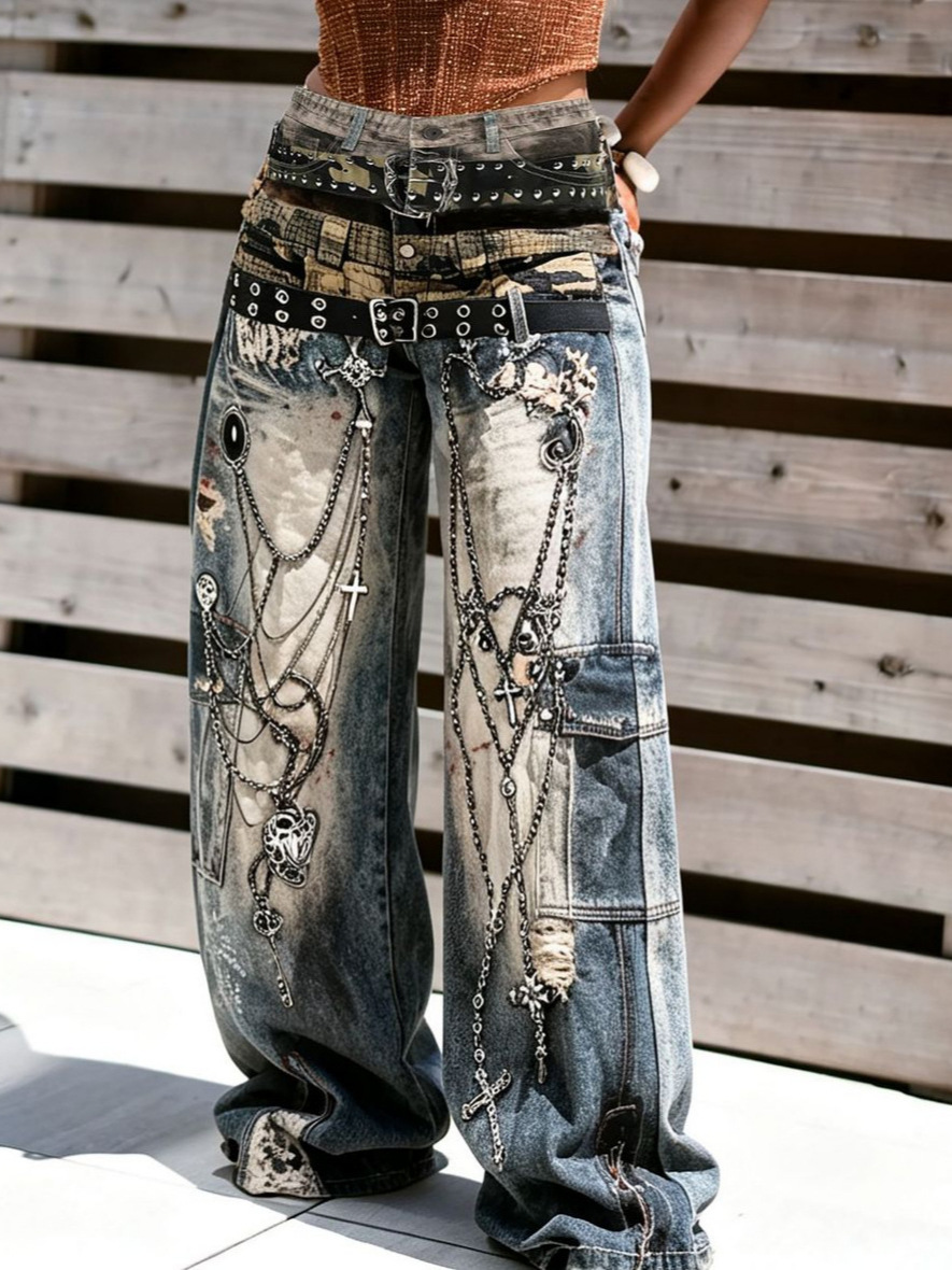 Chain Print Denim Pants for Casual Streetwear