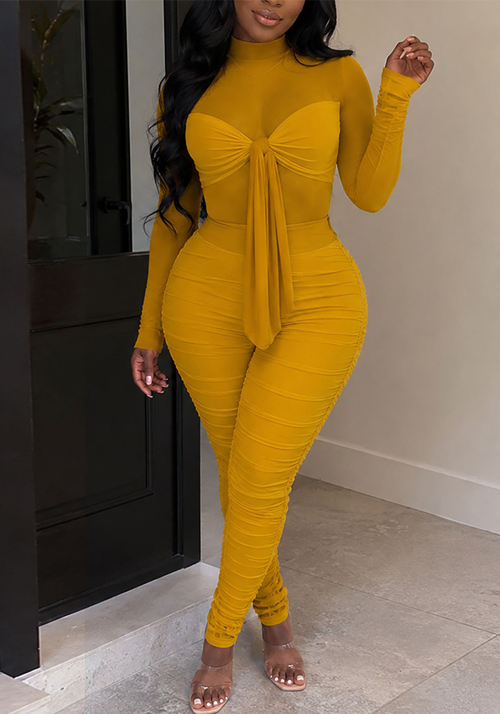 Mesh Patchwork High Neck Long-Sleeve Tie-Waist Ruffled Jumpsuit