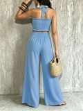 Women Casual Holidays Multi-Way Ruffle Edge Pleated Strapless Top and Wide-Leg Pants Two-Piece Set
