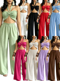 Women Casual Holidays Multi-Way Ruffle Edge Pleated Strapless Top and Wide-Leg Pants Two-Piece Set