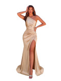 Women One-Shoulder Slash Shoulder Pleated Elegant Slit Bodycon Maxi Dress