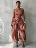 Women Red and White Striped Crop Top and Lantern Pants Two-Piece Set