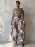 Women Red and White Striped Crop Top and Lantern Pants Two-Piece Set