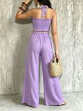 Women Casual Holidays Multi-Way Ruffle Edge Pleated Strapless Top and Wide-Leg Pants Two-Piece Set