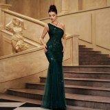 Women Sleeveless Slash Shoulder Formal Party Sequin Mesh Evening Dress