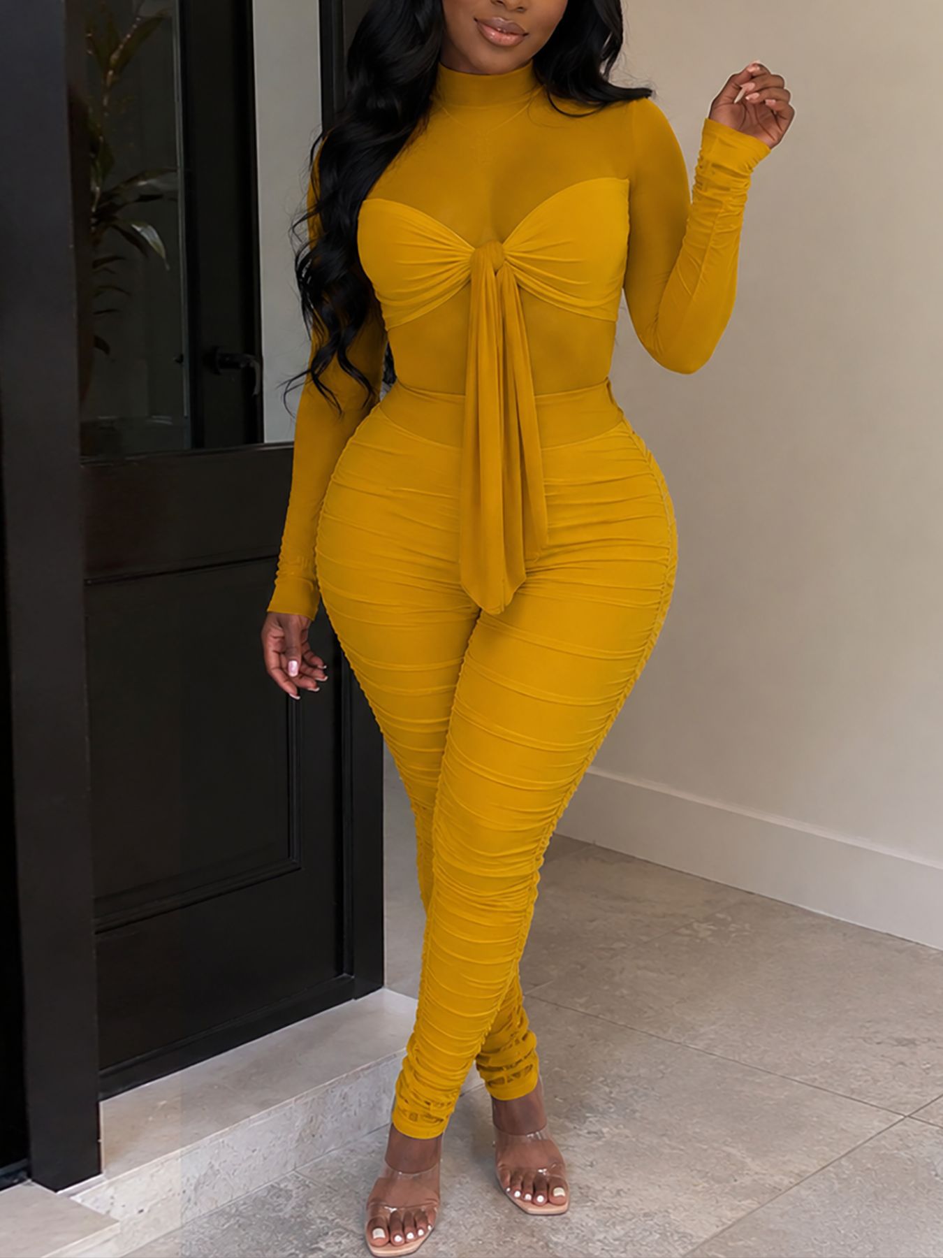 Mesh Patchwork High Neck Long-Sleeve Tie-Waist Ruffled Jumpsuit