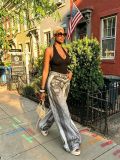 Women Faux Two-Piece Chain Letter Print Denim Pant