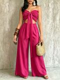 Women Casual Holidays Multi-Way Ruffle Edge Pleated Strapless Top and Wide-Leg Pants Two-Piece Set