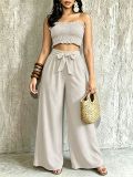 Women Casual Holidays Multi-Way Ruffle Edge Pleated Strapless Top and Wide-Leg Pants Two-Piece Set
