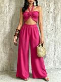 Women Casual Holidays Multi-Way Ruffle Edge Pleated Strapless Top and Wide-Leg Pants Two-Piece Set