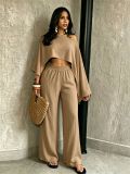 Women Sexy Beach Holidays Solid Slash Shoulder Irregular Off-Shoulder Top and Pocket Pant Two-Piece Set