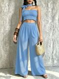 Women Casual Holidays Multi-Way Ruffle Edge Pleated Strapless Top and Wide-Leg Pants Two-Piece Set