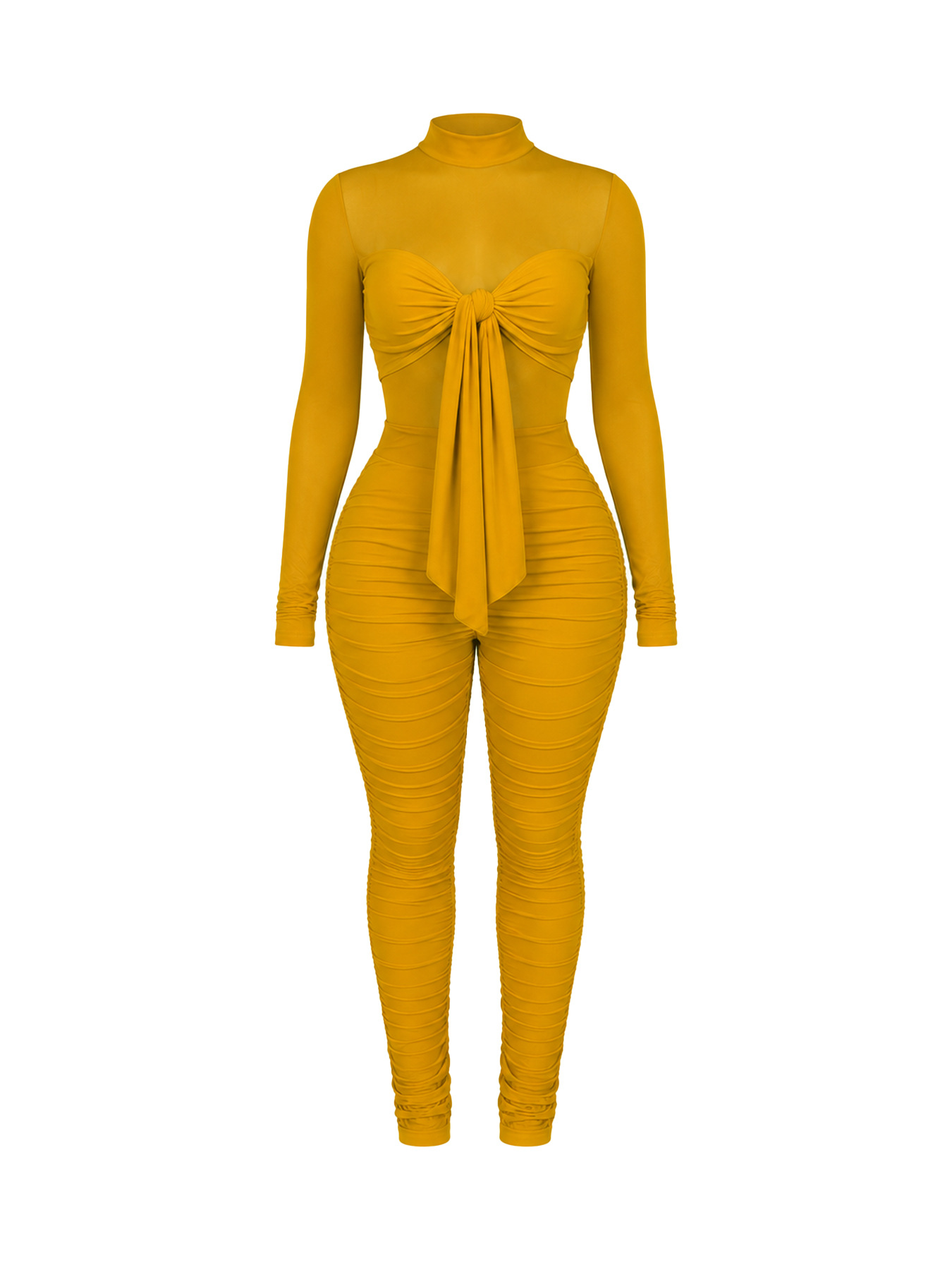 Mesh Patchwork High Neck Long-Sleeve Tie-Waist Ruffled Jumpsuit