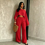Women Sexy Beach Holidays Solid Slash Shoulder Irregular Off-Shoulder Top and Pocket Pant Two-Piece Set