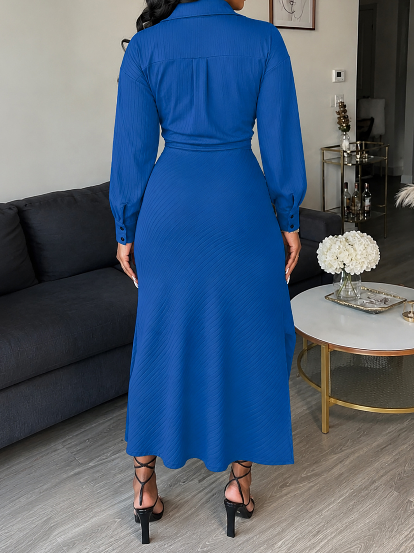 Long-Sleeve Knotted Shirt & Slit Skirt Two-Piece Set
