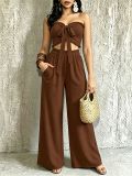 Women Casual Holidays Multi-Way Ruffle Edge Pleated Strapless Top and Wide-Leg Pants Two-Piece Set