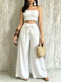 Women Casual Holidays Multi-Way Ruffle Edge Pleated Strapless Top and Wide-Leg Pants Two-Piece Set
