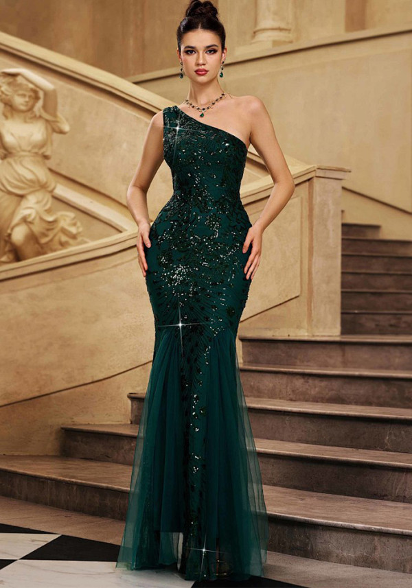 Women Sleeveless Slash Shoulder Formal Party Sequin Mesh Evening Dress