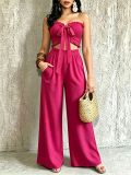 Women Casual Holidays Multi-Way Ruffle Edge Pleated Strapless Top and Wide-Leg Pants Two-Piece Set