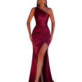 Women One-Shoulder Slash Shoulder Pleated Elegant Slit Bodycon Maxi Dress