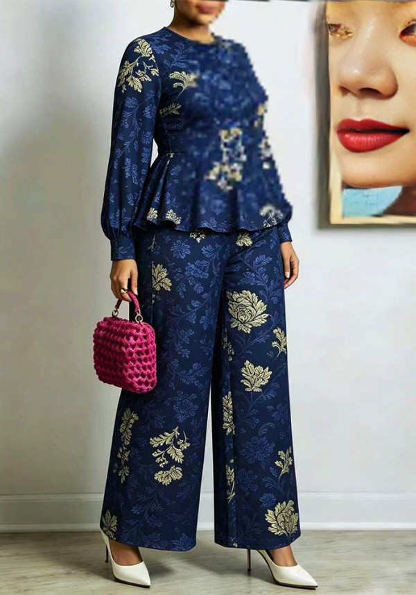 Plus Size Women Ruffled Puff Sleeve Top and Wide-Leg Pants Two-Piece Set