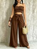 Women Casual Holidays Multi-Way Ruffle Edge Pleated Strapless Top and Wide-Leg Pants Two-Piece Set