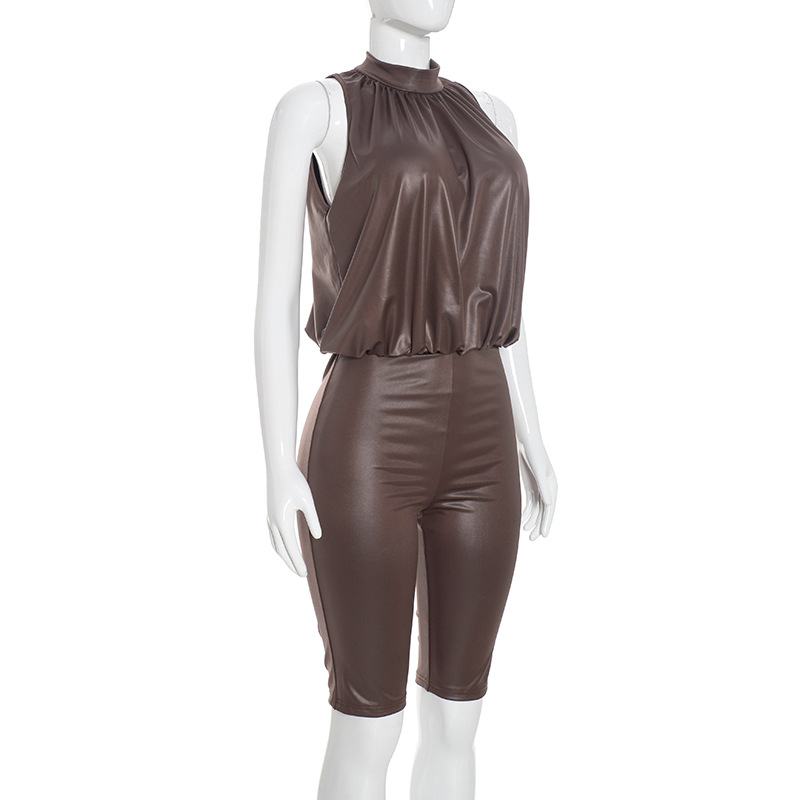 Solid Button-Down Sleeveless Grunge Capri Jumpsuit for Autumn