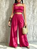 Women Casual Holidays Multi-Way Ruffle Edge Pleated Strapless Top and Wide-Leg Pants Two-Piece Set