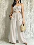 Women Casual Holidays Multi-Way Ruffle Edge Pleated Strapless Top and Wide-Leg Pants Two-Piece Set