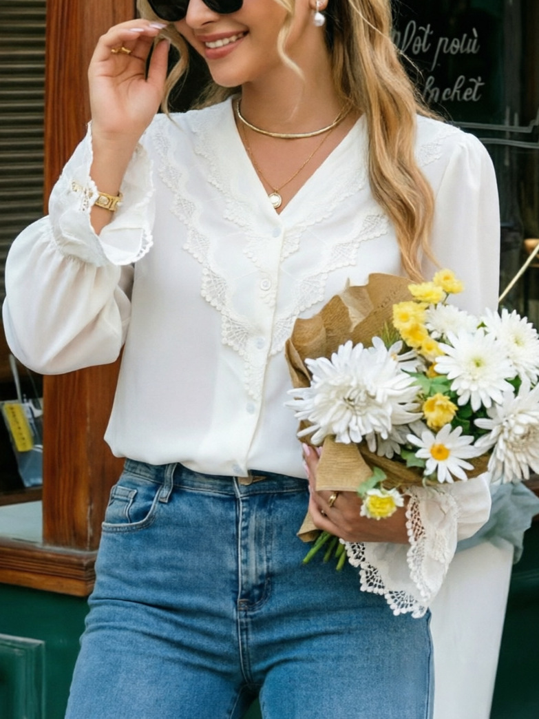 White V-Neck Lace Long-Sleeve Shirt Top for Autumn