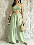 Women Casual Holidays Multi-Way Ruffle Edge Pleated Strapless Top and Wide-Leg Pants Two-Piece Set