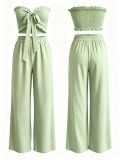 Women Casual Holidays Multi-Way Ruffle Edge Pleated Strapless Top and Wide-Leg Pants Two-Piece Set
