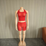Women Sexy Stretch Halter Neck See-Through Top and Shorts Lingerie Two-Piece Set