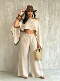 Women Sexy Beach Holidays Solid Slash Shoulder Irregular Off-Shoulder Top and Pocket Pant Two-Piece Set