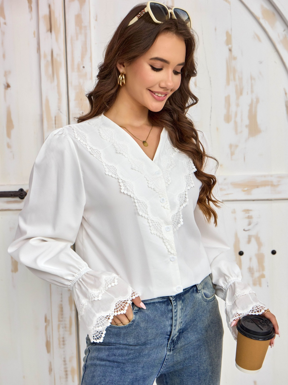 White V-Neck Lace Long-Sleeve Shirt Top for Autumn
