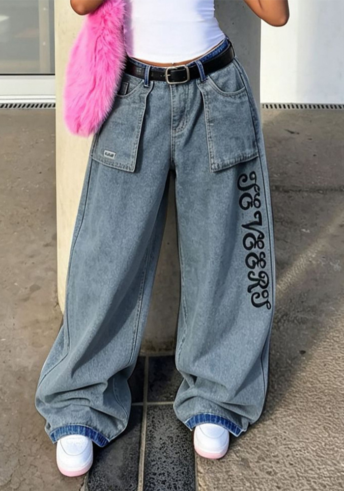 Letter Embroidered Pocket Washed Denim Pants for Streetwear
