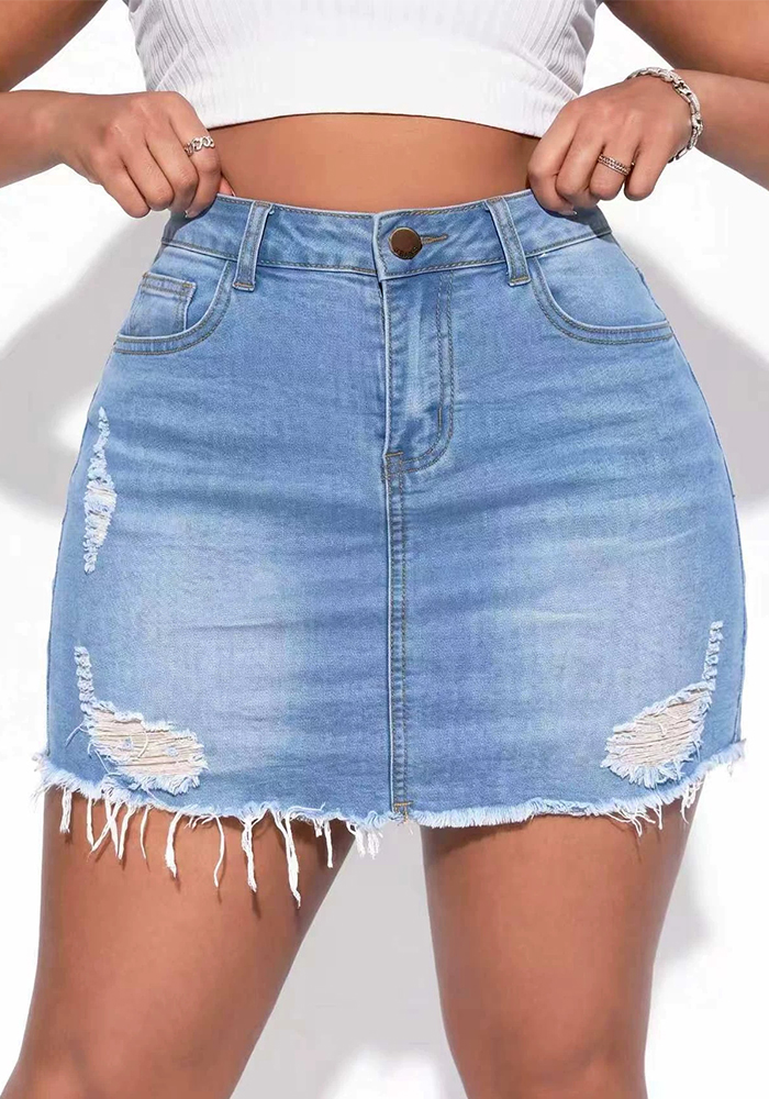 Ripped Washed Denim Skirt for Summer Casual Wear