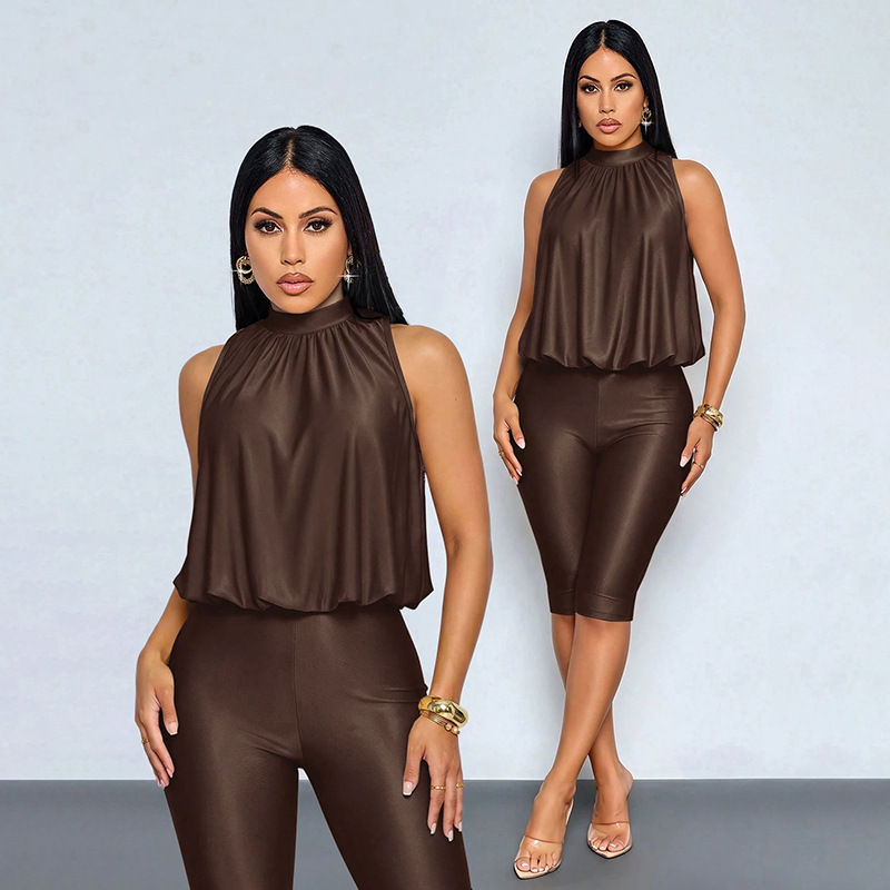 Solid Button-Down Sleeveless Grunge Capri Jumpsuit for Autumn