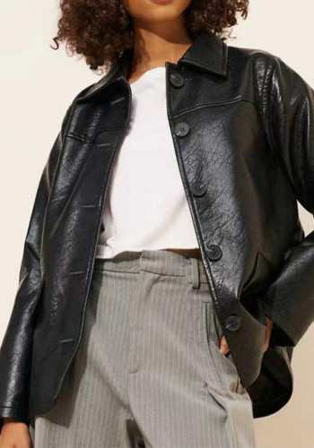 Women Turndown Collar Pu-Leather Jacket