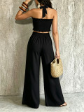 Women Casual Holidays Multi-Way Ruffle Edge Pleated Strapless Top and Wide-Leg Pants Two-Piece Set