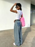 Women Reverse-Wear Letter Embroidered Pocket Washed Denim Pant